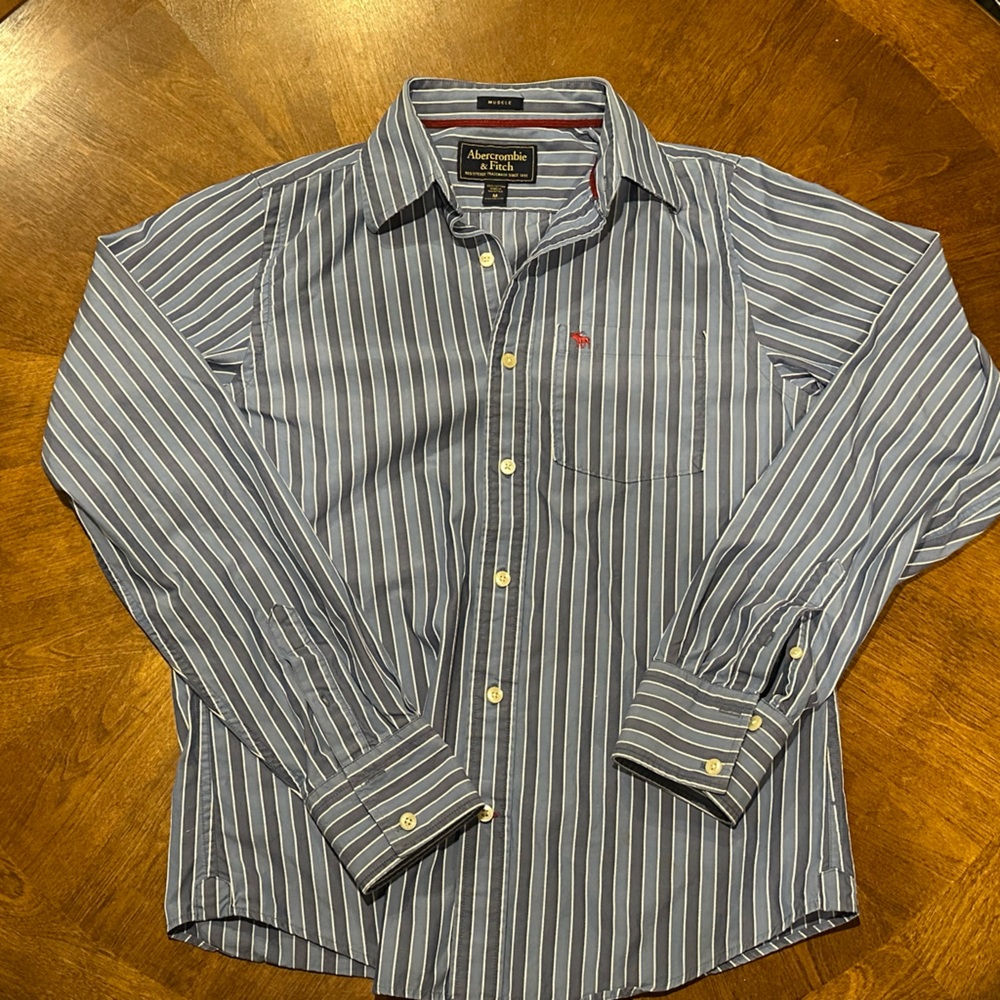 Abercrombie & Fitch Mens Blue Striped Muscle Long Sleeve Shirt Button Down Med